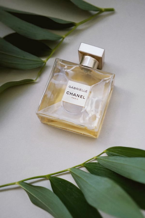 A bottle of perfume surrounded by foliage